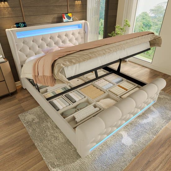 Gestoffeerd Bed - 140x200 cm - LED en USB-C - Hydraulische Opbergruimte - Fluweel - Beige