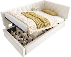 Wishdor - Bedbank - L-Vormig Met Opbergruimte - Modern - Slaapkamer - Fluweel - Beige - 90 X 200 Cm