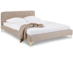 Gestoffeerd bed GLAMOUR, 149 x 208 cm, beige - elegant bed met doorgestikt patroon, fluwelen bekleding, goudkleurige metalen poten, voor een stijlvolle ambiance in de slaapkamer