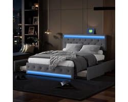 Modern Tweepersoonsbed 180x200cm, Grijs Linnen, 4 Lades, USB/Type-C, Lattenbodem en LED Verlichting