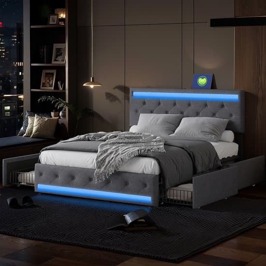 Modern Tweepersoonsbed 180x200cm, Grijs Linnen, 4 Lades, USB/Type-C, Lattenbodem en LED Verlichting