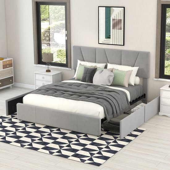 Tweepersoonsbed 140x200 cm - gestoffeerd bed - met aan beide zijden elk vier laden - verstelbare hoofdeind - grijs - zonder matras