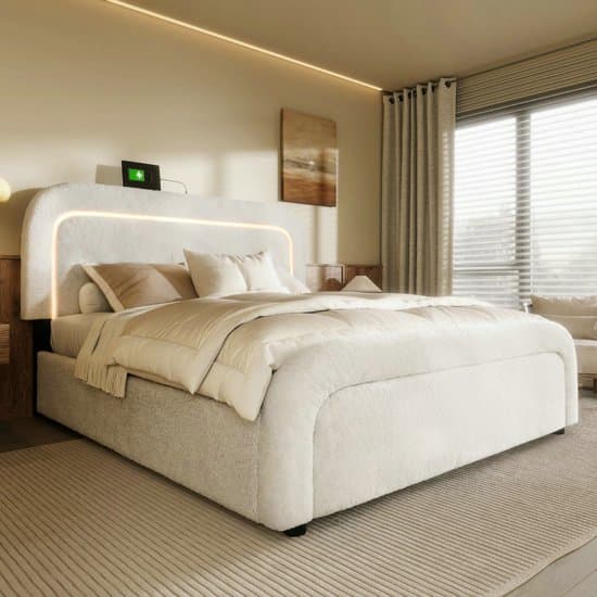 Opbergbed 140x200 cm met 4 lades en USB Type C-oplader, volwassen bed met lattenbodem, Sherpa-lakenstof, wit (matras niet inbegrepen)