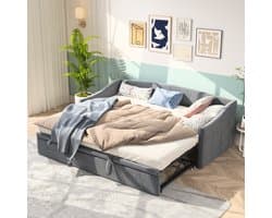 Slaapbank uitschuifbaar 90/180x200 cm met lattenbodem, bedbank van fluweelstof met slaapfunctie, slaapbank logeerbed jeugd, zonder matras, grijs