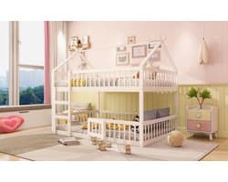 REDOM Ledikant 140x200 cm – Massief hout wit – Hoog-laag ontwerp met trap & veiligheidshekje