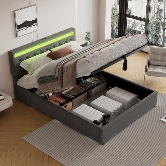 MIVRAY Opbergbed 160 X 200 Cm - Hydraulisch Hefbaar Met Led Sfeerlicht & Usb En Type C - Voor Slaapkamer - Linnen Grijs