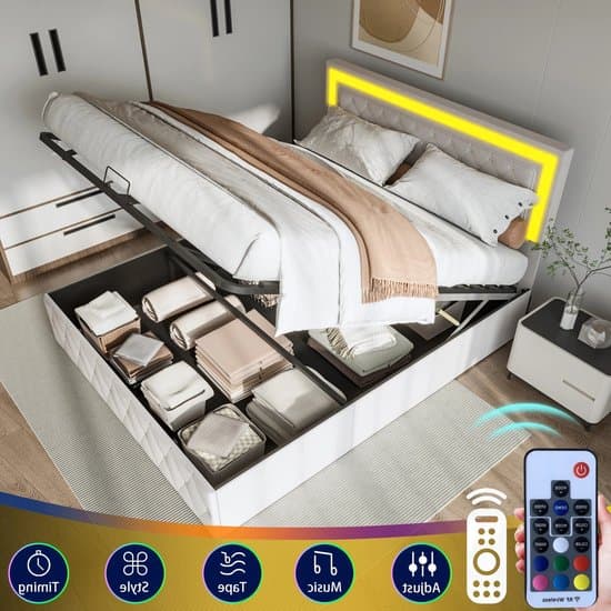 Bed – Boxspring – Slaapbed – 2-persoonsbed – Opbergbed – 160x200 cm – Beige Velvet – Met Hydraulische Opbergruimte