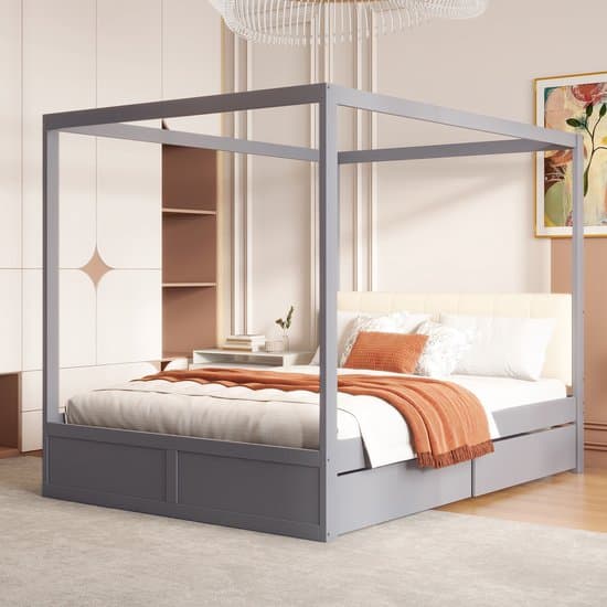 Wishdor – Hemelbed 140x200 cm – Met Tentontwerp & 2 Opberglades – Gestoffeerde Rugleuning – Magisch & Compleet – Hout – Grijs