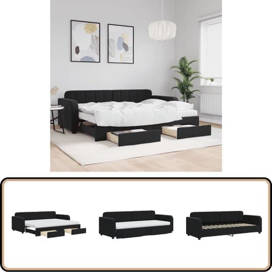 vidaXL Slaapbank met onderschuifbed - Fluweel Zwart Slaapbank - Sofa Bed - Tweepersoons Bed - Onderschuifbed - Boxspring