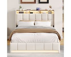 Opbergbed 160x200 cm met LED & USB – Tweepersoonsbed met Opberg Hoofdeinde & Lattenbodem, voor Tieners en Volwassenen, Beige Linnen (Zonder Matras)
