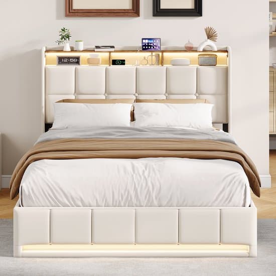 Opbergbed 160x200 cm met LED & USB – Tweepersoonsbed met Opberg Hoofdeinde & Lattenbodem, voor Tieners en Volwassenen, Beige Linnen (Zonder Matras)