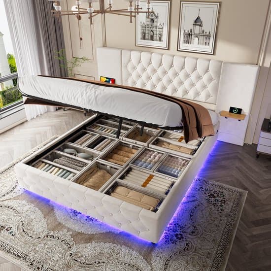 FloraGrace Bedframe 160x200 cm - Met LED en USB - Hydraulische Opbergruimte - Zonder Matras - Fluweel - Beige