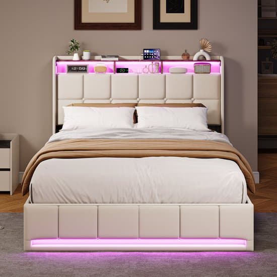 Opbergbed 140x200 cm met LED & USB – Tweepersoonsbed met Opberg Hoofdeinde & Lattenbodem, voor Tieners en Volwassenen, Beige Linnen (Zonder Matras)