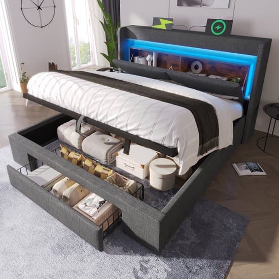 Gestoffeerd bed - 160x200 cm - Hydraulische Opbergruimte & LED - USB-C & Opbergvak - Linnen - Grijs