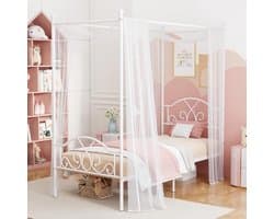 Luxe Hemelbed Twin Maat Wit Metalen Bedframe met Hoofdeinde en Voetenplank