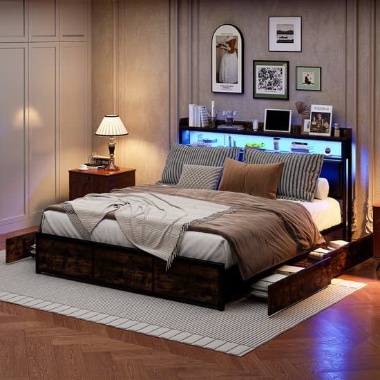 Tweepersoonsbed 140x200 cm Zwart PU met LED, 4 Lades, Lattenbodem en Opbergruimte, Functie- & Massief Houten Bed