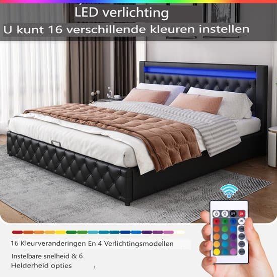 Opbergbed 140x200 cm met opbergruimte en ledverlichting, gestoffeerd bed met lattenbodem, PU-materiaal, zwart(Matras niet inbegrepen)