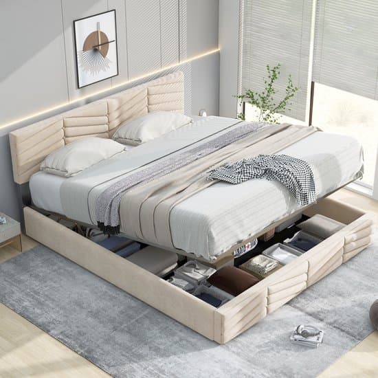 OKWISH Tweepersoonsbedden - 140x200 cm - Polsterbed Met Stauraum Onder Bed - Comfortabel En Ruimtelijk Voor Slaapkamer - Fluweel - Beige