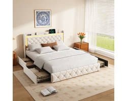 BursDany Tweepersoonsbed 140x200 cm met RGB LED-verlichting, USB/Type-C-poorten, 2 opberglades en lattenbodem, voor volwassenen en tieners, Velours Beige (Zonder Matras)