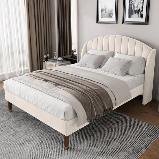 OKWISH Gestoffeerd Bed 160x200cm - Met Lattenbodem en Gepolsterd Hoofdeinde - Geen Opbergruimte - Volwassenen/Jongeren - Fluweel - Beige - Zonder matras
