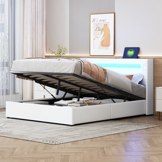 Wishdor – Opbergbed 140x200 cm – Met LED, Bluetooth & 2 USB – Hydraulische Lift – Smart Home Oplossing – PU-Leer – Wit