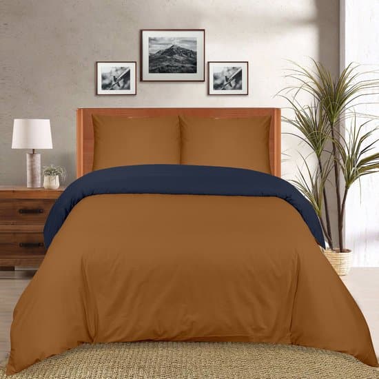The Linen Collection - Dekbedovertrekset - Katoen Percale - dubbelzijdig- Mustard/Navy Blue - 200x220