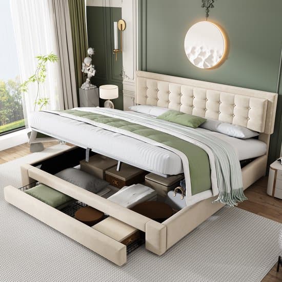 Gestoffeerd Bed 180 x 200 cm - Opbergbed met Opbergruimte - Tweepersoonsbed met 2 Lades - Beige - Zonder matras