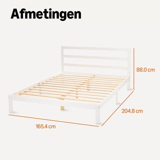 Kingsize Bedframe 160x200 cm – Massief Grenenhouten Bed met Lattenbodem & Hoofdeinde, Extra Middenpoot, Ruimte onder Bed 21 cm, Wit Geverfd