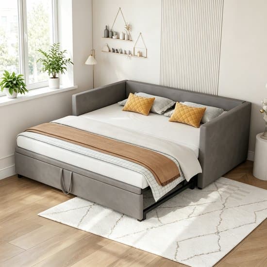 Slaapbank 90/180x200 cm – Uitschuifbaar Dagbed met Lattenbodem, 2-Persoons Logeerbed van Fluweelstof, Donkergrijs (Zonder Matras)