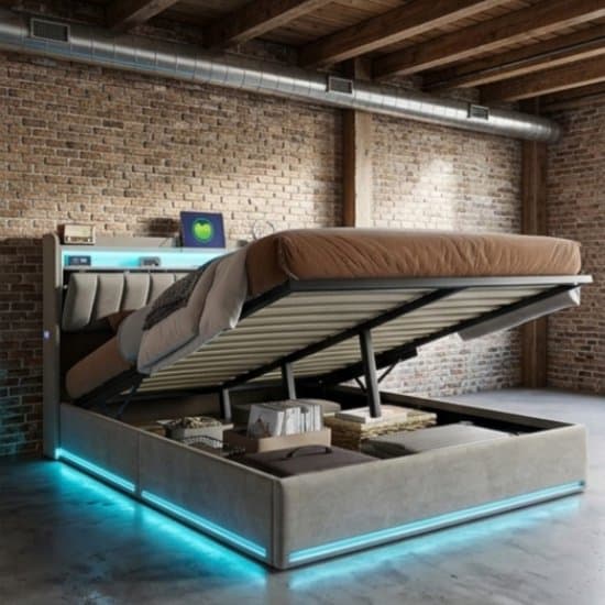 Gestoffeerd Tweepersoonsbed 140x190 cm met LED, USB-poorten en Opbergruimte – Fluwelen Bedframe met Hydraulische Lift en Lattenbodem – Modern Design – Grijs – Furnitureland