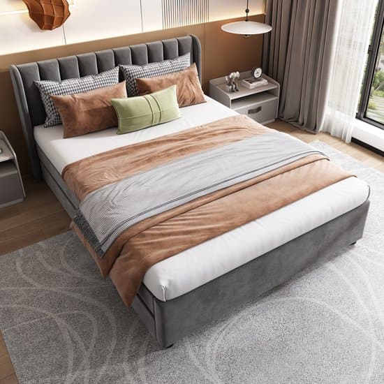 Gestoffeerd Bed - 140x200 cm - met 2 Lades en Rugleuning - Lattenbodem - Fluweel - Grijs