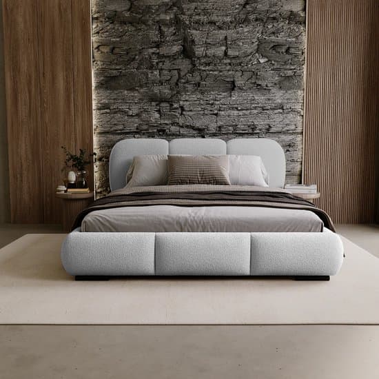 Gestoffeerd Tweepersoonsbed 200x200 cm Holi Luxe Bouclé Bed met Opbergruimte en Houten Lattenbodem – Lichtgrijs – Modern Design – Laura