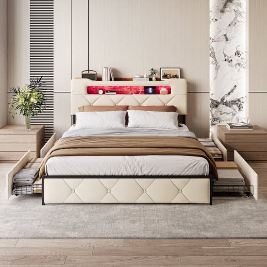 Bedframe 140x200 – met Lades & Opbergruimte – LED & USB-C – Fluweel Beige