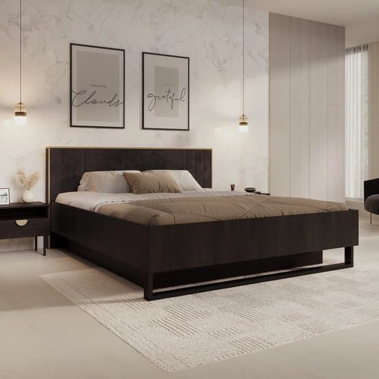 Meubella - Tweepersoonsbed Monor - Zwart eiken - 180x200 cm - Met gaslift