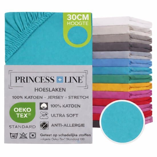 Princess Line- Comfortabel Ultra-Soft-Hoeslaken -100% katoen-Jersey -Stretch -Strijkvrij- Rondom elastiek-Hoekhoogte tot 30cm-Twijfelaar-120x200 cm-Turquoise