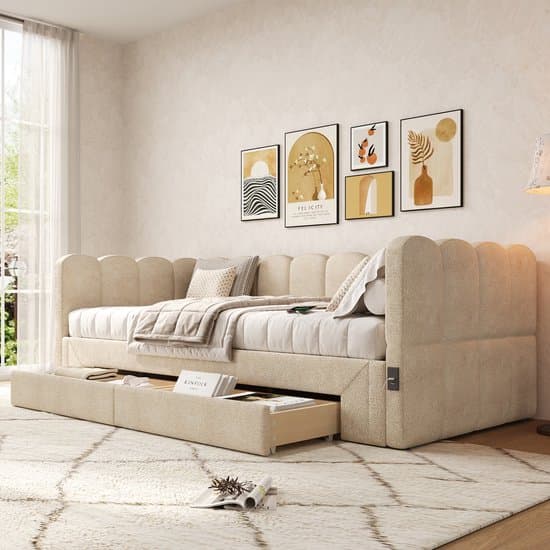 Wishdor Uitschuifbaar Daybed Met 2 Lades En Usb-En Type-C-Aansluiting - Chenille - Beige - 90x200 Cm Uitschuifbaar Tot 180x200 Cm