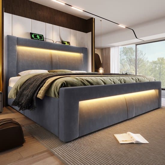 Wishdor – Opbergbed 160x200 cm – Hydraulisch – Led, app & USB-C – Inclusief matras – Fluweel – Grijs – Complete suite voor twee