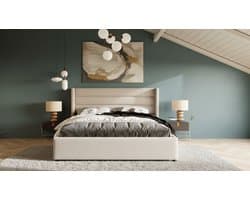 Gestoffeerd Opbergbed 160x200 cm Casa Velluto – Hydraulisch Tweepersoonsbed met Lattenbodem van Hout, Linnen Stof, Handmatig Verstelbaar Hoofdeind en Voeteneind, Luxe Slaapkamerbed zonder Matras, Beige