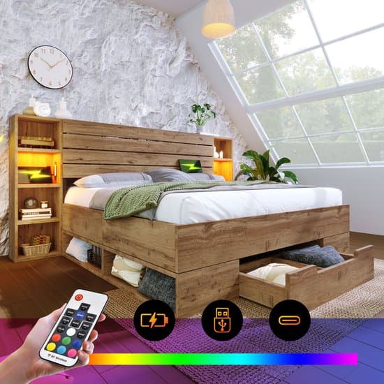 Wishdor – Tweepersoonsbed 160x200 cm – LED & USB-C Oplaadpunten – Open Vakken & 2 Lades – Eiken Metaal – Moderne Slaapkamer – 272 kg