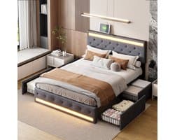 Gestoffeerd Bedframe 140x200 met LED & Lades – Grijs Linnen – USB & Type-C – Modern Design