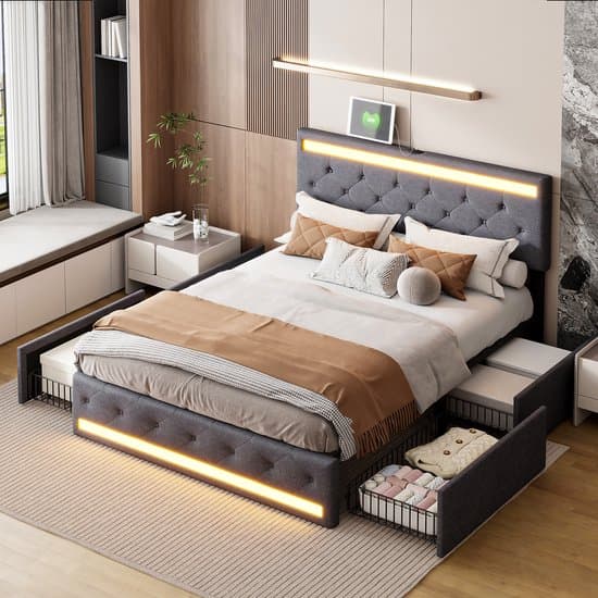 Gestoffeerd Bedframe 140x200 met LED & Lades – Grijs Linnen – USB & Type-C – Modern Design