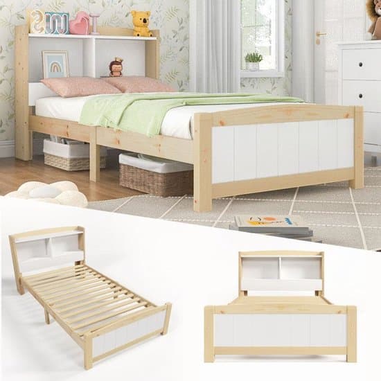 Eenpersoonsbed – Bed – Jongensbed – Logeerbed – Studentenbed – Massief Grenenhouten Frame – 90x200 cm – Wit Met Natuurlijke Afwerking – Opbergruimte Onder Het Bed – Stevige Lattenbodem