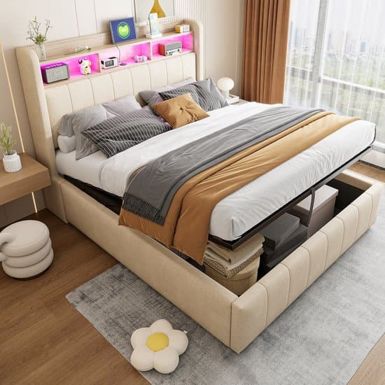 MODFU Ledikant 140x200 cm – beige linnen – met LED, hydraulische opbergruimte en USB/Type-C