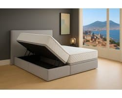 Boxspring Bed met Opbergruimte Napoli 180x200 cm lichtgrijs Luxe Pocketvering Matras Stof Gratis 2x Hoofdkussens