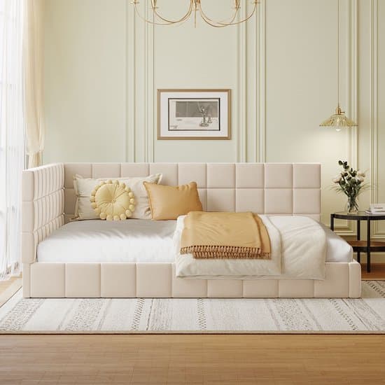 Slaapbank 140x200cm - multifunctioneel bed - verticale strepen - inclusief houten lattenbodem - beige - zonder matras