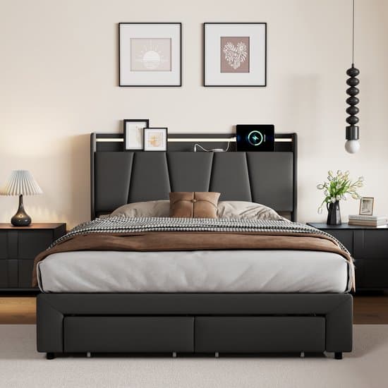 Opbergbed 160x200 cm met LED en USB, gestoffeerd tweepersoonsbed met opbergbaar hoofdeinde en 2 lades, lattenbodem, voor tieners en volwassenen, grijs linnen (zonder matras)