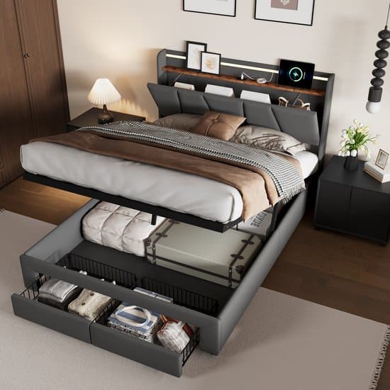 Opbergbed 140x190 cm met LED en USB, gestoffeerd tweepersoonsbed met opbergbaar hoofdeinde en 2 lades, lattenbodem, voor tieners en volwassenen, grijs linnen (zonder matras)