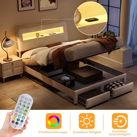 Modern gestoffeerd bed 140 x 200 cm met ledverlichting, tweepersoonsbed met 2 lades, jeugdbed met hydraulische opbergruimte, modern bedframe met lattenbodem, beige fluweel, zonder matras (splitsen voor 2 pakketten voor verzending)