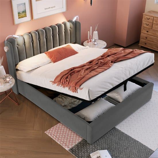YEHTOKHOME Gestoffeerd bed Tweepersoonsbed 140x200 cm met opbergruimte - USB oplaadfunctie - Leselicht - Lattenbodem - Grijs fluweel - Zonder matras