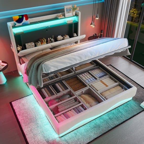 HAUSS SPOLE Gestoffeerd Bed 160x200cm - Hoofdeinde Met LED En Open Plank - Gasdruk Lattenbodem Met Opbergruimte - Velvet - Zonder Matras - Beige